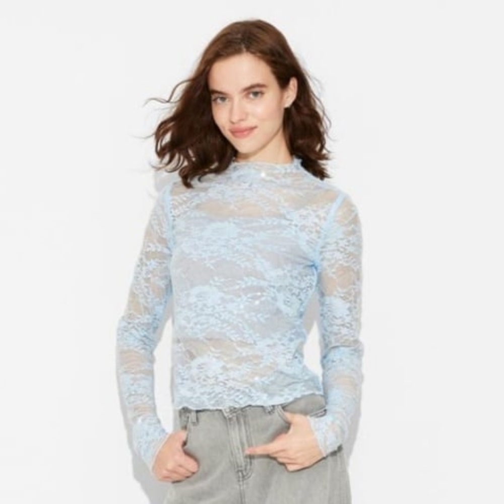 Wild Fable Women's Long Sleeve Light Blue Lace Sequin Top